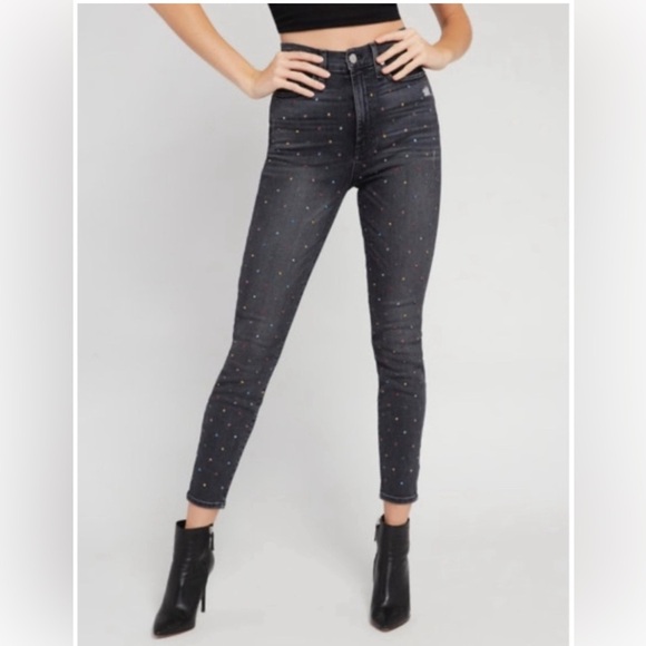 Alice + Olivia Skinny Leg Black Jeans Multicolor Crystals Print Mid-Rise size 28 - Picture 1 of 16
